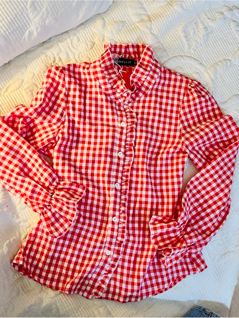 Red Gingham Ruffle-Front Blouse - Picture 2 of 5